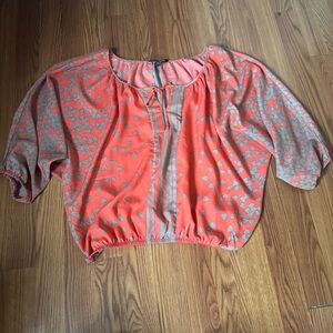Express Vintage Coral Pink & Gray Heart Print Dolman Long Sleeve Women's Blouse‎
